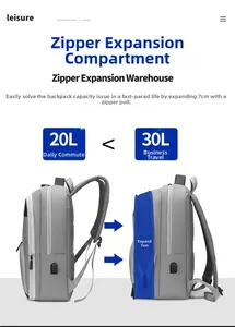 Expandable laptop backpack showing 20L to 30L capacity increase via 7cm zipper gusset