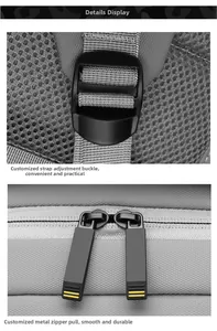 Detail of breathable mesh shoulder strap and smooth dual zippers with yellow accents