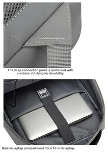 Detail of reinforced shoulder strap stitching and 16-inch laptop compartment on gray bag