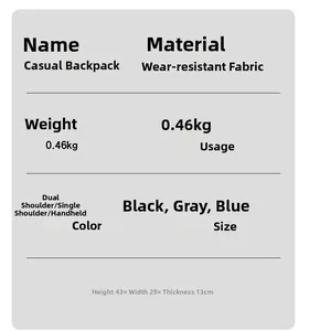 Detaillierte Maße und 0,46 kg Gewicht für den Laptop-Rucksack in Schwarz, Grau und Blau