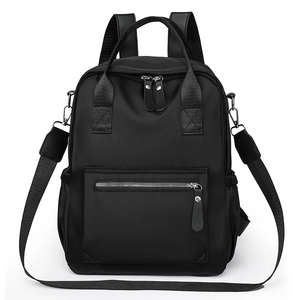 Wasserabweisender schwarzer Nylonrucksack für Damen mit Doppelgriffen und Silberbeschlag