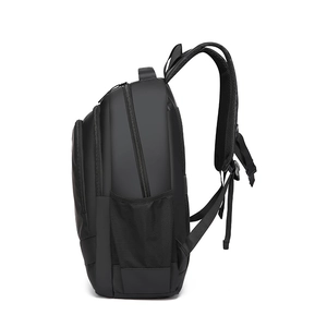 Waterproof black business backpack with ergonomic padded straps and side mesh pocket