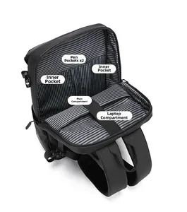 Innenfächer des wasserdichten Rucksacks mit Laptopfach und markierten Organisationstaschen
