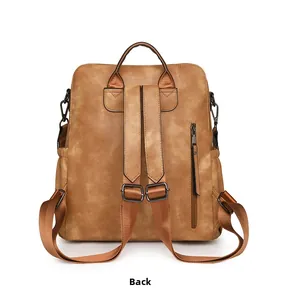 Detalle de la parte trasera de la mochila vintage marrón con correas y bolsillo antirrobo