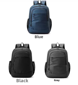 Business laptop backpacks in blue, black, and grey showing multiple compartments and side pockets
