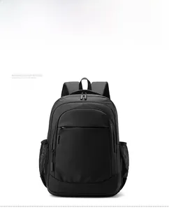 Front view of black business backpack with tear-resistant fabric and side mesh pockets