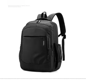 Side view of black business backpack showing water-resistant fabric and mesh side pockets