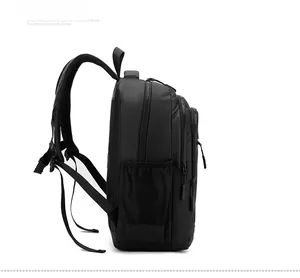 Side view of black business laptop backpack showing breathable mesh shoulder straps