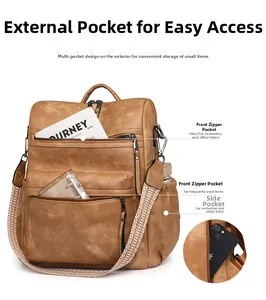 Detalle de mochila de cuero marrón con correa tejida y bolsillo para smartphone