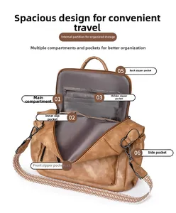 Vista detallada del interior de la mochila vintage marrón con compartimentos organizados