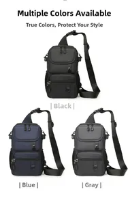 Waterproof nylon chest bag for men shown in black, dark blue, and dark gray colors