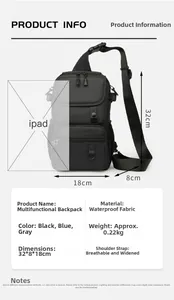 Waterproof black sling bag 32x18x8cm detail with breathable wide strap dimensions
