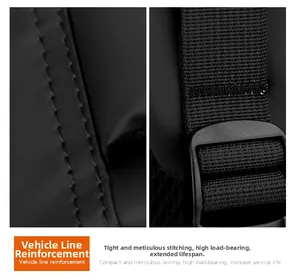Close-up of reinforced stitching and durable nylon straps on a black business backpack