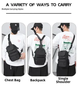Three-way carry demonstration of black tactical backpack as chest, shoulder, and back bag