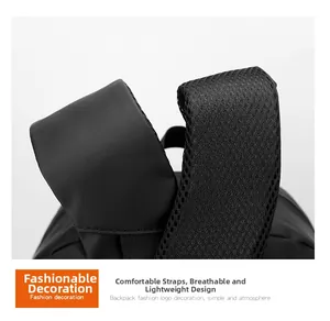 Detail of ergonomic padded shoulder straps with breathable mesh fabric on black backpack