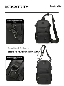 Detail of high-strength plastic buckle and side strap connection on black tactical backpack