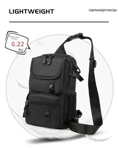 Detail view of lightweight 0.22kg waterproof black chest bag with tactical buckles