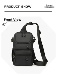 Front view of a black multi-pocket tactical chest bag with waterproof fabric and D-rings