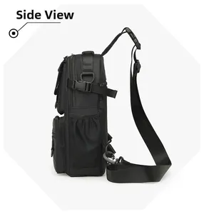 Side view of black tactical outdoor backpack featuring mesh pocket and adjustable buckle