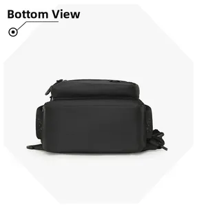 Bottom view of the large black waterproof backpack with mesh side pocket detail