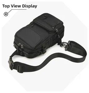 Top view of large waterproof tactical backpack with multiple zipper compartments
