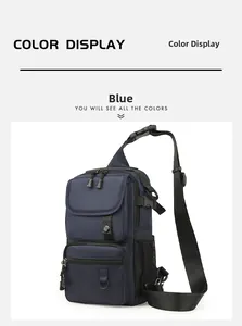 Detail view of the durable blue nylon sling bag with multiple zip pockets and mesh pouch