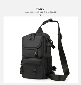 Detailed view of black tactical crossbody bag with high-density nylon and multi-zipper pockets