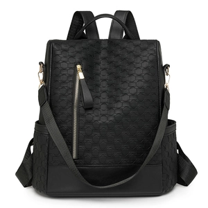 Women's black anti-theft backpack in woven PU leather with detachable shoulder strap