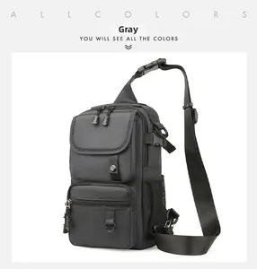 Detail view of water-resistant grey tactical chest bag with buckles and mesh pocket