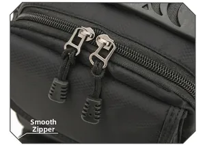 Detail of smooth two-way zippers on water-resistant ripstop nylon tactical backpack