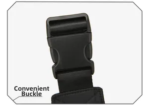 Close-up of a durable black plastic buckle with adjustable nylon webbing strap detail