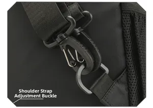 Detail showing adjustable shoulder strap buckle on water resistant black backpack