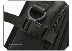 Close-up of durable black nylon backpack accessories showing buckle and D-ring