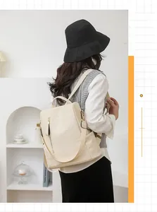 Detail of cream backpack with geometric embossed texture and versatile carrying straps