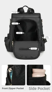 Detail view of anti-theft backpack showing spacious inner pockets and side water bottle holder