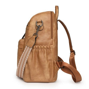 Mochila retro de cuero PU marrón para mujer con correa de hombro decorativa tejida