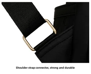 Detail of durable gold metal buckle and sturdy woven shoulder strap on black backpack