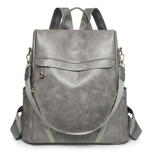 Gray vintage PU leather backpack for women with detachable strap and anti-theft design