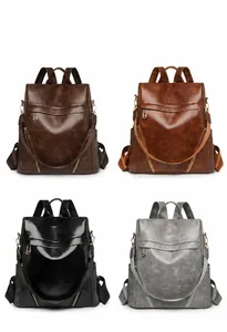 Detail view of large PU leather backpack in black, grey, brown and coffee brown