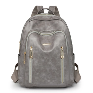 Grey PU leather backpack with multiple zippers and large capacity for daily use