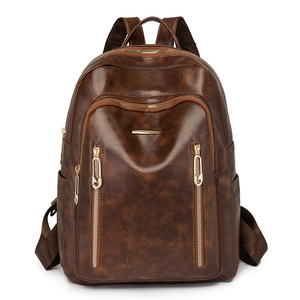 Brown faux leather backpack for women with multi-zipper design and large capacity