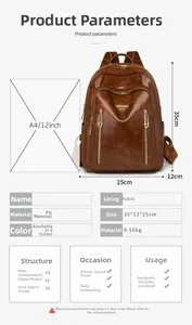 Detailed size chart and specifications for the brown PU leather backpack for women