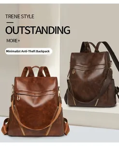 Detail view of anti-theft PU leather backpack featuring vintage texture and gold hardware