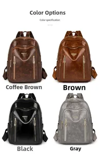 Detailed comparison of four solid vintage leather backpacks in brown, black, and gray