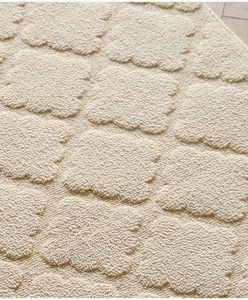 Close-up of cream-colored floral relief texture on soft plush entryway floor mat