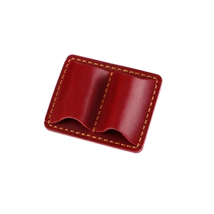 Dual slot reddish brown crazy horse leather pen pouch with yellow reinforced stitching
