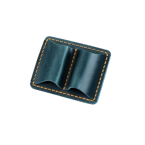 Dark blue crazy horse leather pen case with double slots and yellow stitching