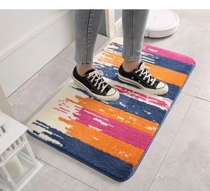 Thick flocked indoor rug with colorful abstract stripes and soft plush fiber texture
