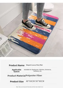 Detail of colorful striped polyester floor mat showing thick flocked texture and soft material