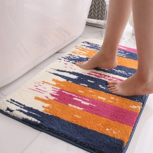 Thick flocked rectangular bath mat with colorful stripes and non-slip backing for bathroom